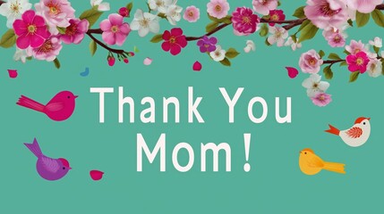 Colorful floral design expresses gratitude to mothers with vibrant birds on a pastel backdrop during springtime celebration