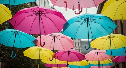 Colorful Umbrellas Floating, Street Decoration Art, Rainy Day Aesthetic, Bright Shades and Designs.