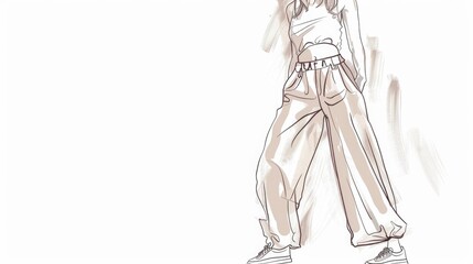 Minimalist pencil sketch of young woman in crop top and loose pants on white background