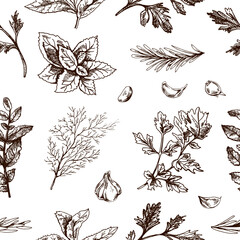 Seamless pattern of herbs and garlic in hand drawn vintage engraving style