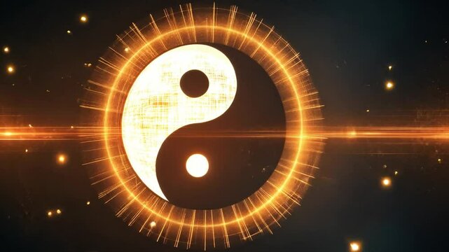 Glowing yin yang symbol rotating with light streaks and particles