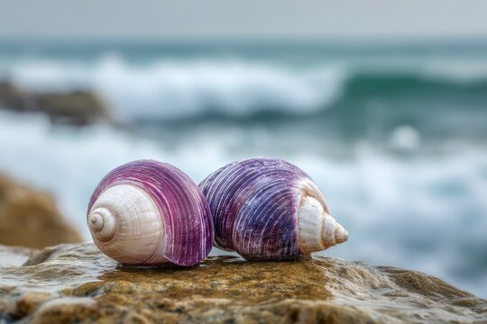 Two purple seashells on wet rocks near the ocean - Powered by Adobe