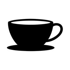 A black and white illustration of a stylized coffee cup on a saucer