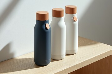 Three sleek water bottles in navy and white with wooden lids on