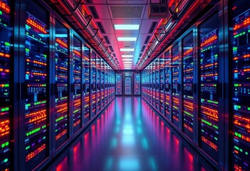 Fototapeta premium Abstract futuristic data center with glowing servers, network connections, and data streams, futuristic, digital transformation