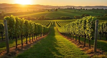 Fototapeta premium Vineyard Rows at Sunset with Rolling Hills and Distant Buildings