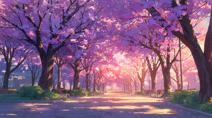 Fantasy Park: Blossom Trees at Dusk. Empty Benches, Anime Style AI Generated