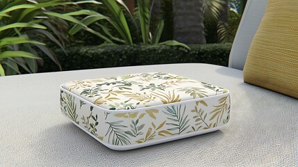 Tropical Leaf Patterned Cushion on Outdoor Seating with Palm Tre