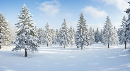 Fototapeta premium Snow-covered evergreen forest landscape under a clear blue sky