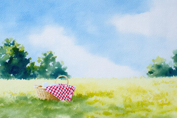 Picnic basket on grassy field under blue sky, peaceful scene