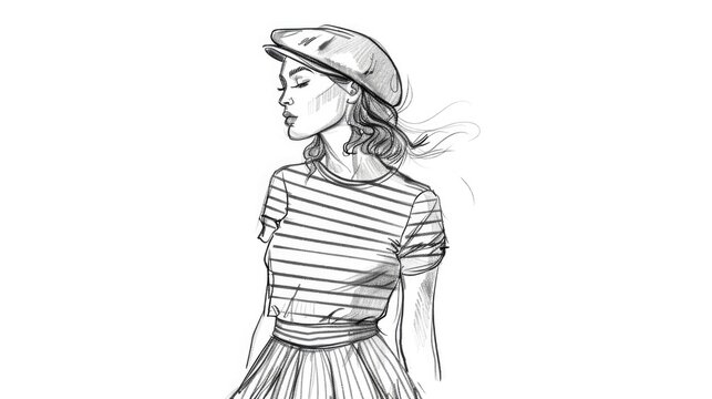 Fashion sketch of young woman in beret and striped top with pleated skirt on white background