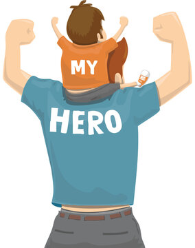 vector illustration of father's day, a man is holding his son on his shoulders and saying my hero, dad, day, family, father, father's, 