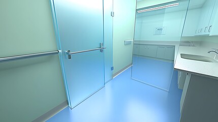 Sterile Hospital Room with Glass Doors and Blue Floor Reflecting