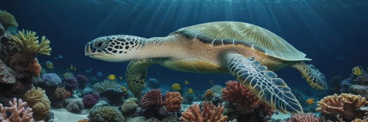 Magnificent green turtle explores a kaleidoscope coral reef in a deep blue sea , ocean, green sea turtle