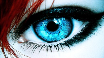 Vivid Blue Eye Close Up with Red Hair Strand