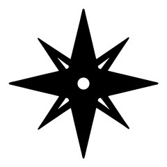 Eight pointed star in black with a small circle in the center