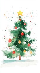 Watercolor Christmas Tree with Ornaments and Star