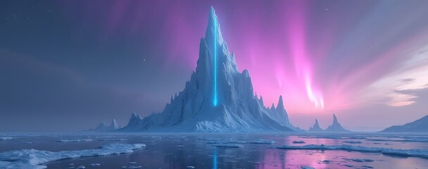 A jagged spire of ice rises from a tundra refracting the light of a spiraling purple aurora. Shadows of enormous creatures move beneath the frozen surface.