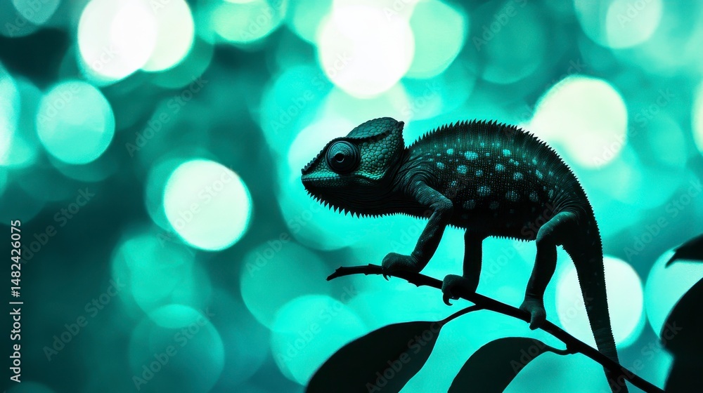 Poster chameleon perched on a branch against a bokeh background.