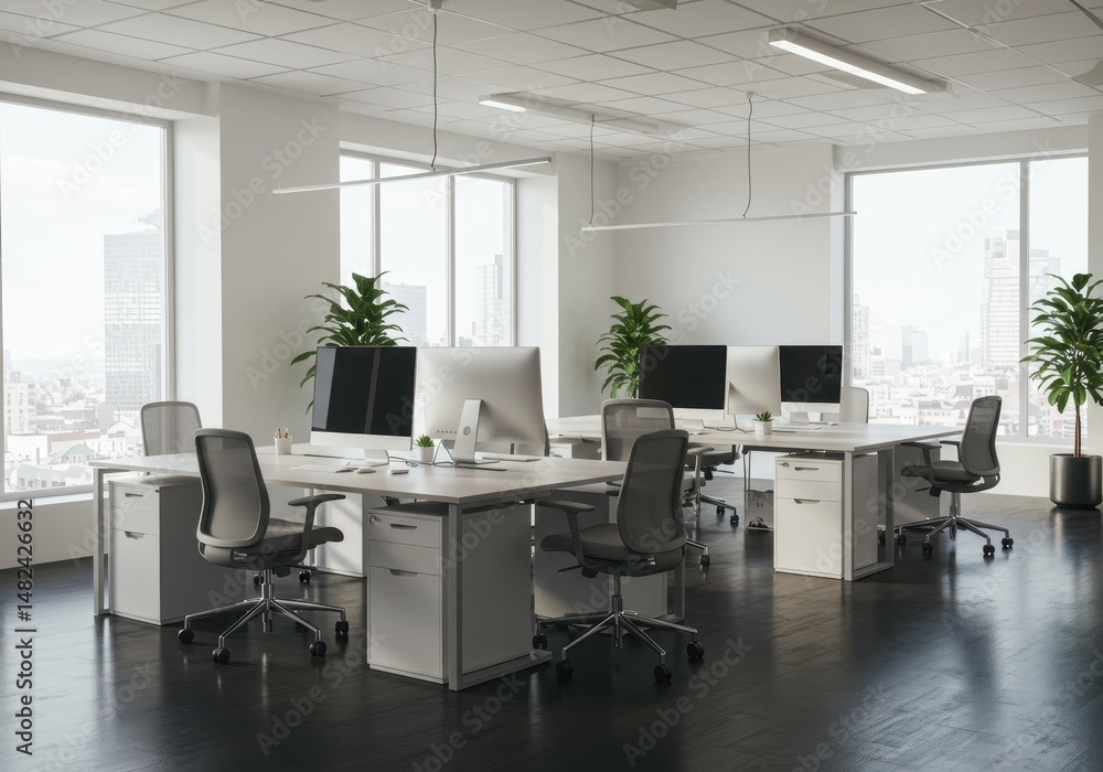 Poster bright office space features multiple desks with computers and ergonomic chairs near large windows