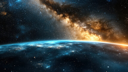 Obraz premium Stunning cosmic scene featuring vibrant galaxy with swirling stars and glowing horizon