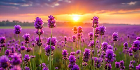 Fototapeta premium Fragrant purple flowers in a field at sunset, purple flowers, flowers lavender fields sunsets
