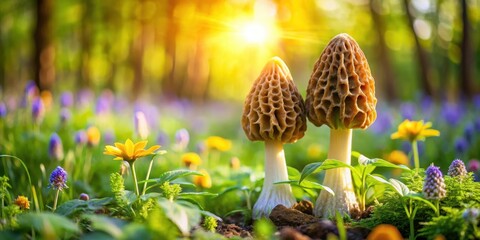 Two morel mushrooms growing in a lush garden during springtime, with sunlight filtering through trees and flowers, amidst greenery and vibrant wildflowers , trees, spring