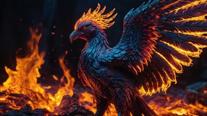 Fototapeta premium A phoenix with blue and black feathers standing amidst a fiery inferno spreading its wings wide open