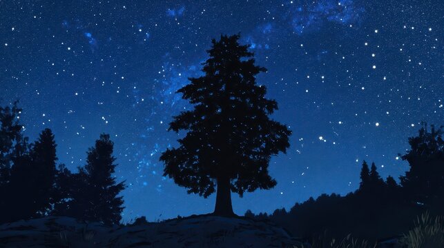 Silhouetted pine tree on a snow-covered hill under a vibrant, starry night sky.