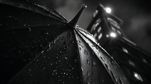 Rainy night umbrella urban scene cityscape black and white photography atmospheric mood