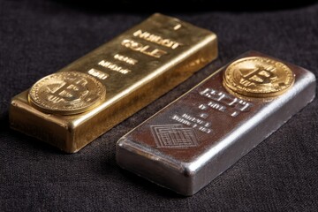 Bitcoin coins on gold and silver bullion bars on dark background