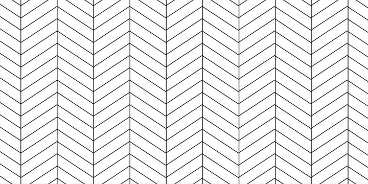 White chevron herringbone parquet floor seamless pattern with diagonal panels. Vector wooden or brick wall texture. Modern interior background. Outline monochrome wallpaper.