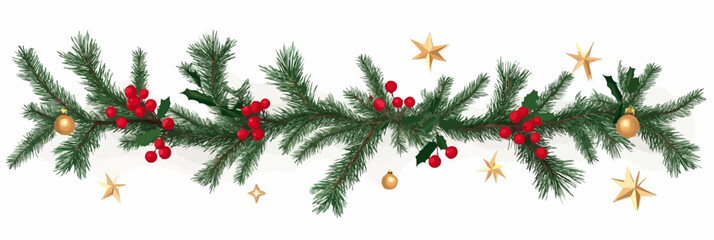 Minimalist horizontal garland made of pine branches, berries and gold stars — perfect for banners, gift tags, festive headers and seasonal vector designs