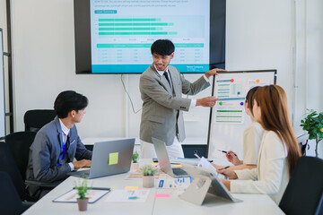.Group of Asian business people collaborate during team meeting in high quality modern office.