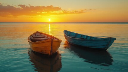 Fototapeta premium Two colorful boats at sunset on calm water