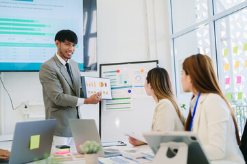 .Group of Asian business people collaborate during team meeting in high quality modern office.