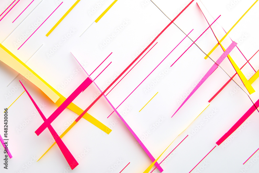Poster brightly colored lines intersect on white background forming abstract design