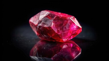 Deep red uncut ruby gemstone resting on a sleek black background, showcasing its natural inclusions and unique characteristics, luxurious item, red gemstone