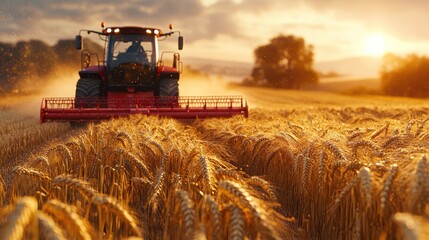 Fototapeta premium A vast golden wheat field with four agricultural harvesters working under a cinematic sunset