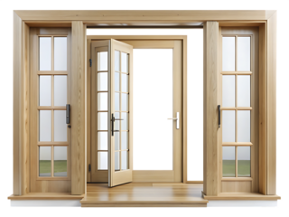 real modern house door window frame isolated on white background. PNG