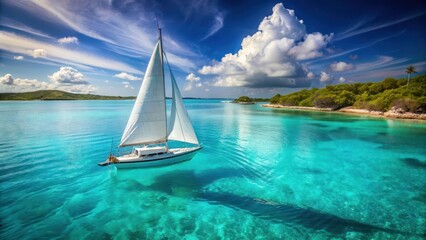 Fototapeta premium Sailboat gliding smoothly across calm turquoise waters with sail flapping in gentle breeze, surrounded by lush greenery and crystal clear blue sky, nature, sailing
