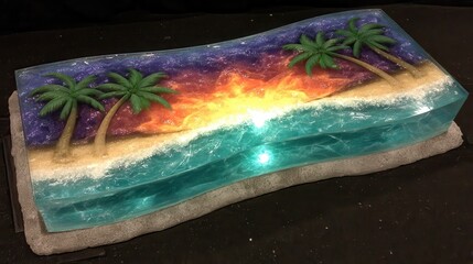 Tropical Beach Resin Art Block with Sunset Sky Glitter Water and Sandy Shore