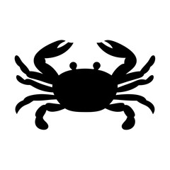 Simple black silhouette illustration of a crab with pincers extended on white