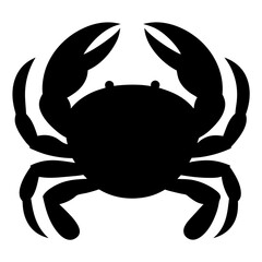Simple black and white illustration of a crab with large claws up