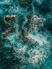 Aerial View of the Sea and Waves. The vast ocean stretches endlessly, with waves. Nature, tranquility, and adventure.	