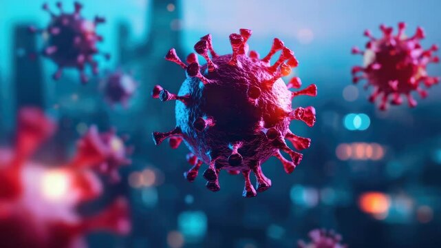 Detailed 3D rendering of virus with spikes, set against blurred cityscape, highlights scientific focus on health and infection, emphasizing urgent need for understanding its microscopic structure.