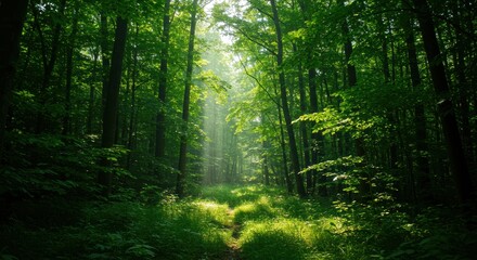 Obraz premium Serene forest pathway illuminated by sunlight filtering through green trees