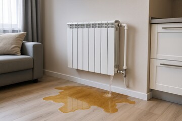 A heating radiator leaking water onto the floor. Suitable for plumbing problems, home maintenance issues, or HVAC service ads.
