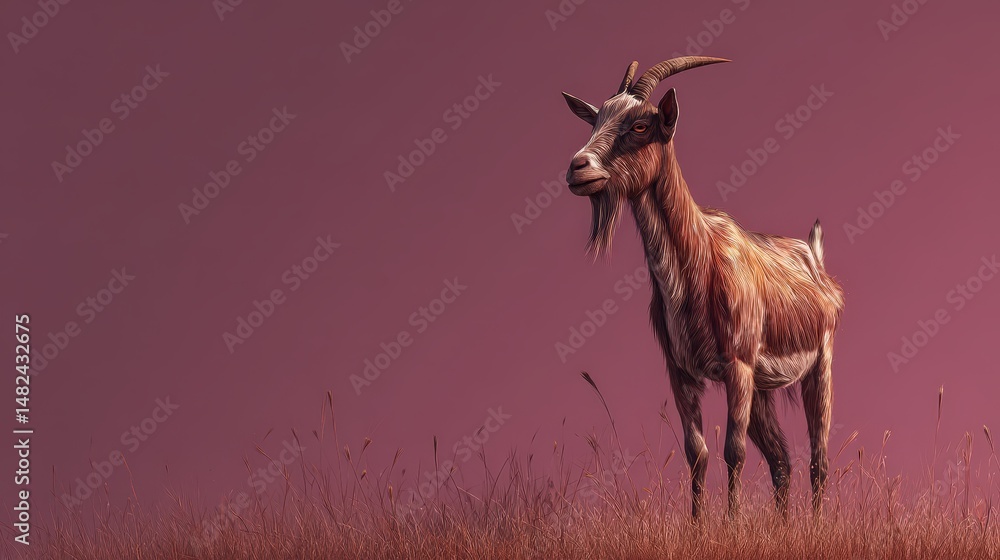 Poster a digital rendering of a goat standing in a field.