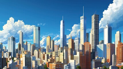 Wide city skyline in daylight with tall corporate skyscrapers, modern business district, copy space